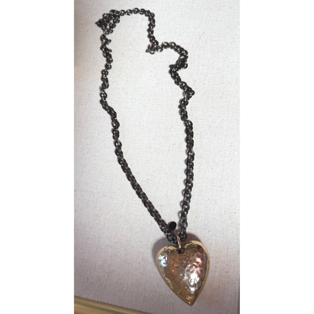 Express signed Chunky Gunmetal Chain Hammered Gold Heart Statement Necklace 36" - Picture 3 of 12